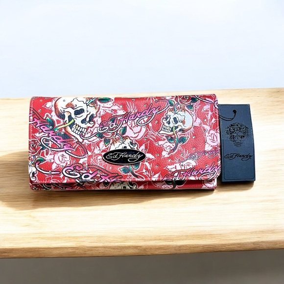 Ed Hardy Handbags - New Ed Hardy rhinestone skull and roses tattoo  folover wallet